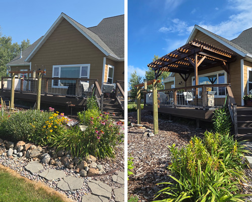 Outside of house before and after with a new deck and pergola.